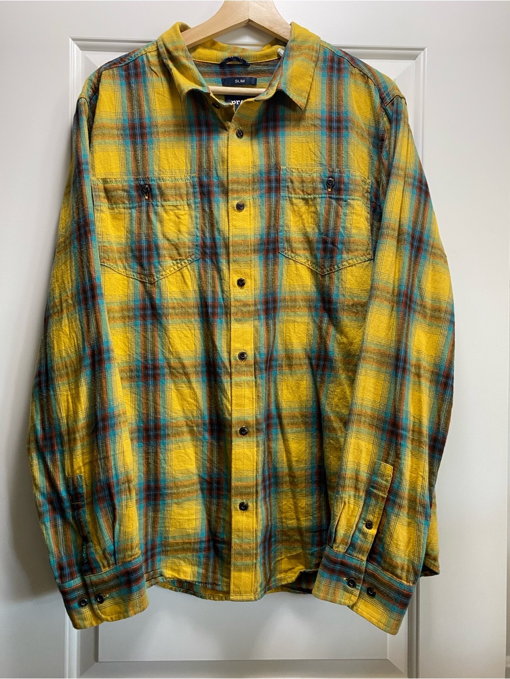 Prana Mens L Slim Fit Plaid Flannel Yellow Blue